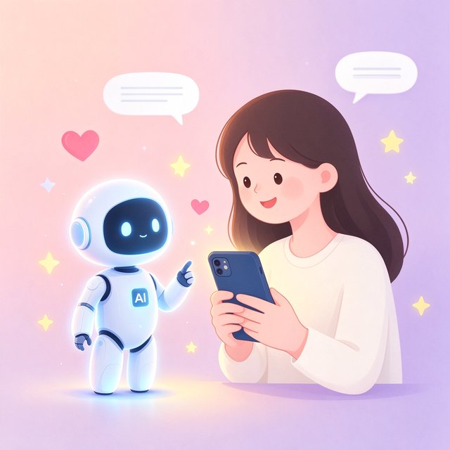 bubbly AI 产品介绍插画：女孩与发光的 AI 陪伴小人温馨互动