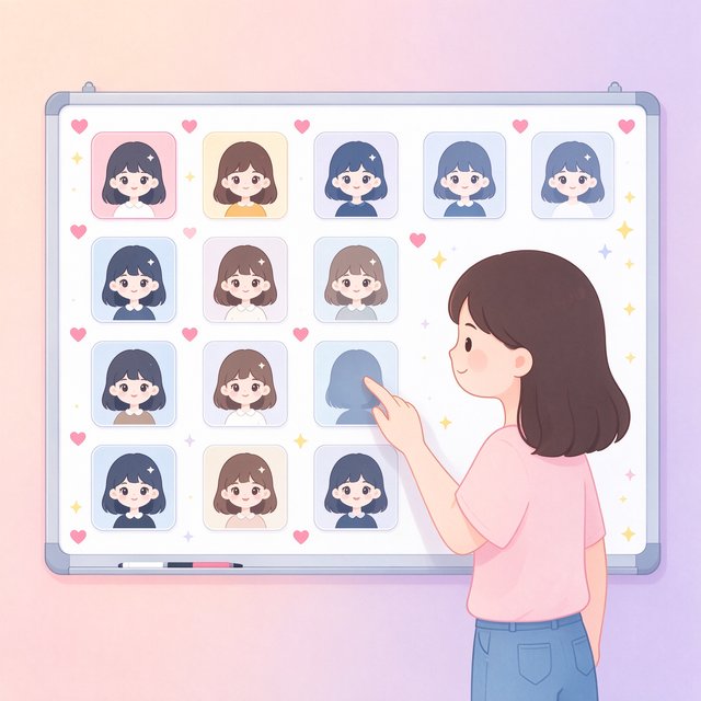 bubbly AI 人设定制插画：女孩在定制面板前挑选专属人设形象
